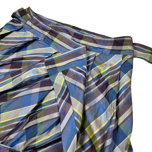 Theory Plaid Knee Length Wrap Skirt Sz 8 100% Silk Taffeta Blue Preppy Career - Picture 11 of 16